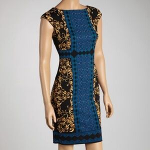 Maggie London Mini dress Paisly Scarf print Stretch Rococo Sz 6 Petite